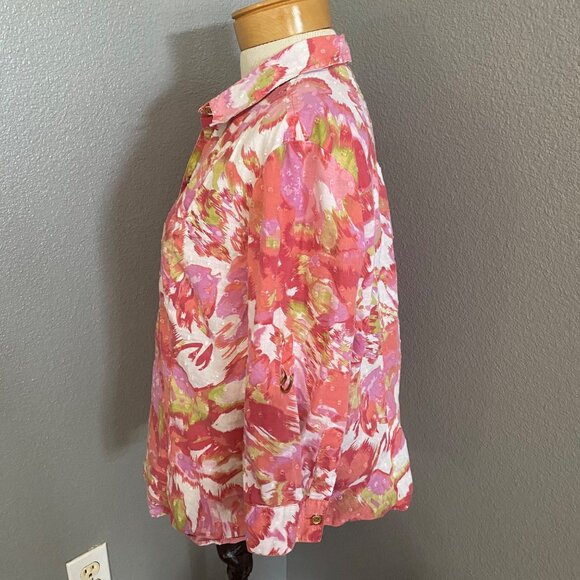 JM Collection Blouse 14P Button-Down Abstract Pink White Green Petite 3/4 Sleeve - Picture 8 of 9